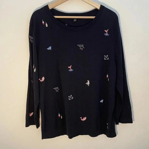 Talbots Sweater Womens XL Navy Blue Nautical Print Embroidered Cotton Blend - Picture 1 of 9